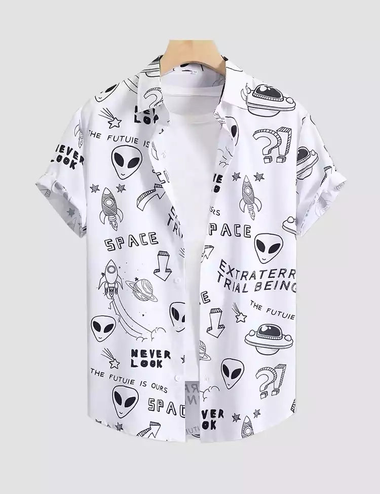 Alien and Alphabet Printed Mens Cotton Shirt Half Sleeves