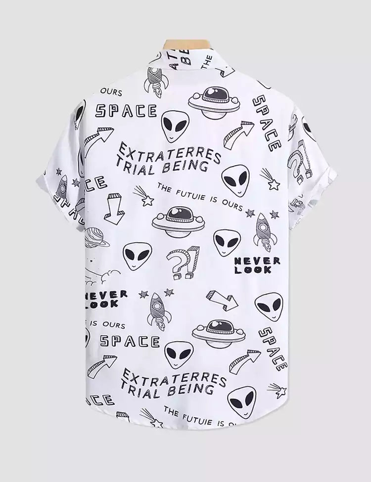 Alien and Alphabet Printed Mens Cotton Shirt Half Sleeves