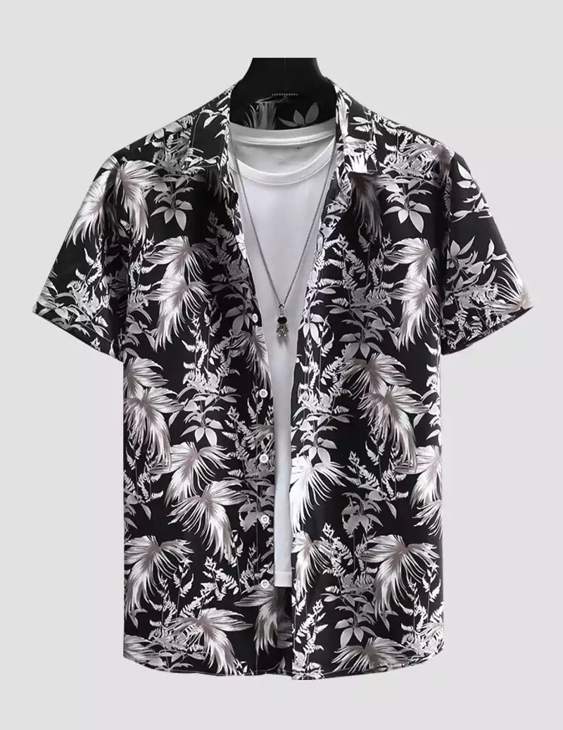 Feather Printed Black and White Color Beach Mens Cotton Shirt Half Sleeves Available only in stylian.in