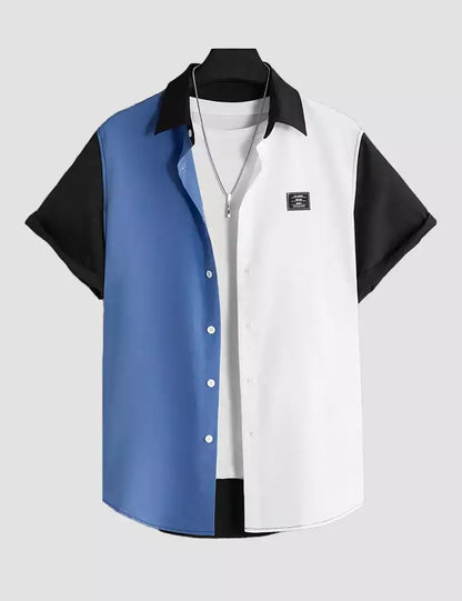 Blue and White Half Patch Printed Mens Cotton Shirt Half Sleeves