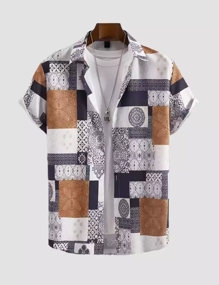 Brown and Blue Tiles Pattern Printed Mens Cotton Shirt Half Sleeves