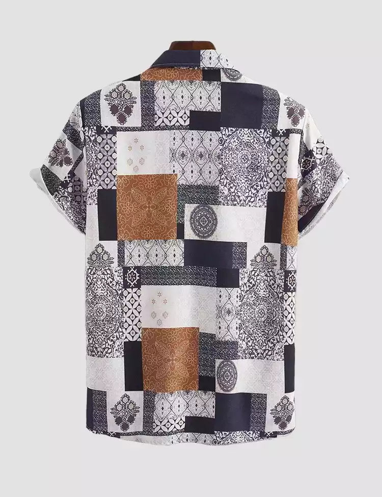 Brown and Blue Tiles Pattern Printed Mens Cotton Shirt Half Sleeves