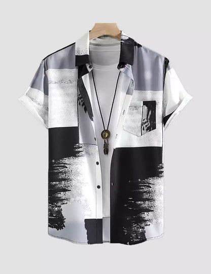 Black and White Square Printed Mens Cotton Shirt Half Sleeves