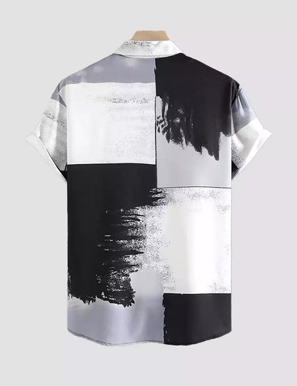 Black and White Square Printed Mens Cotton Shirt Half Sleeves