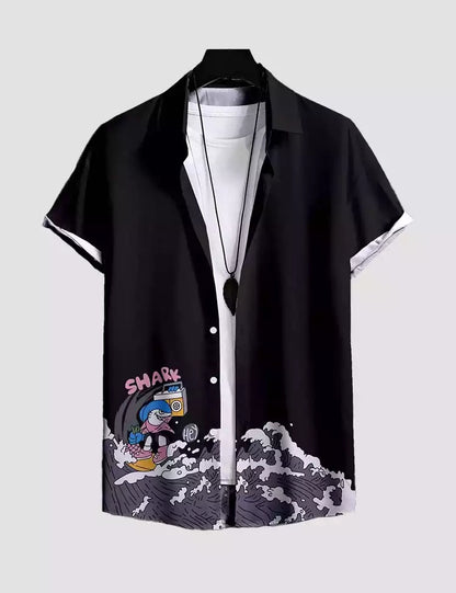 Cartoon Shark Printed Mens Cotton Shirt Half Sleeves