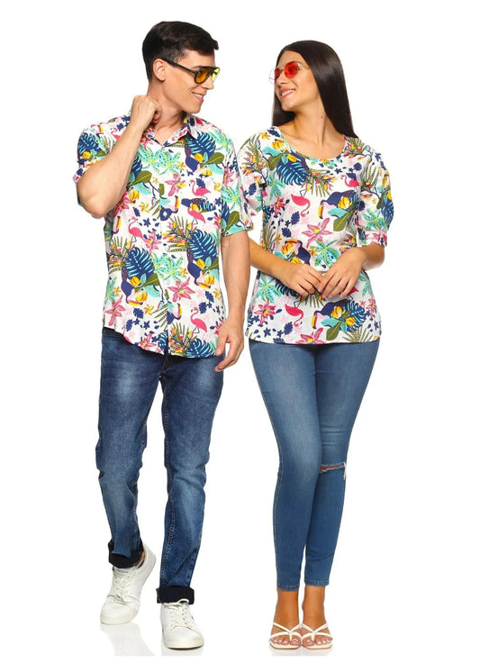 Flower Design Couple Matching Shirt and Dress