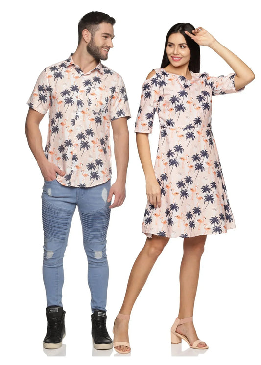 Cream Flower Design Couple Matching Shirt and Dress