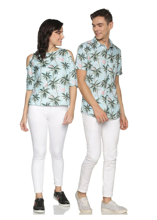 Coconut Tree Design Couple Matching Shirt and Dress