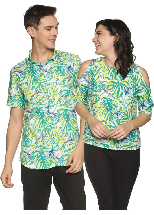 Leaves Pattern Couple Matching Shirt and Dress