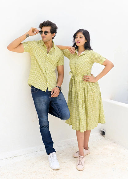 Green Dotted Pattern Couple Matching Shirt and Dress