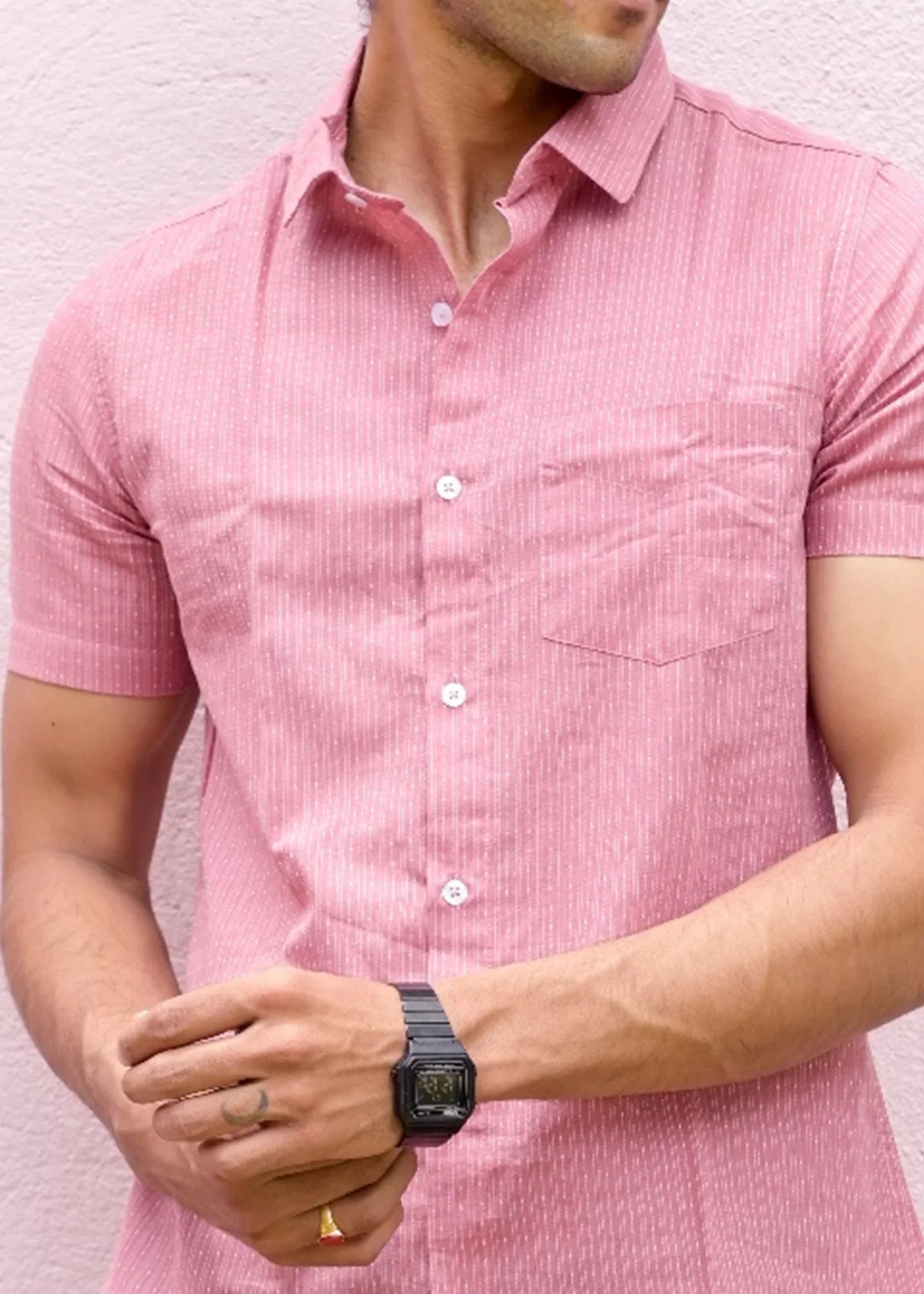 Pink Plain Pattern Couple Matching Shirt and Dress