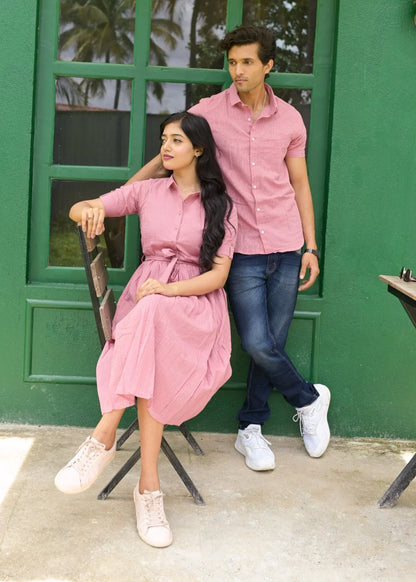 Pink Plain Pattern Couple Matching Shirt and Dress