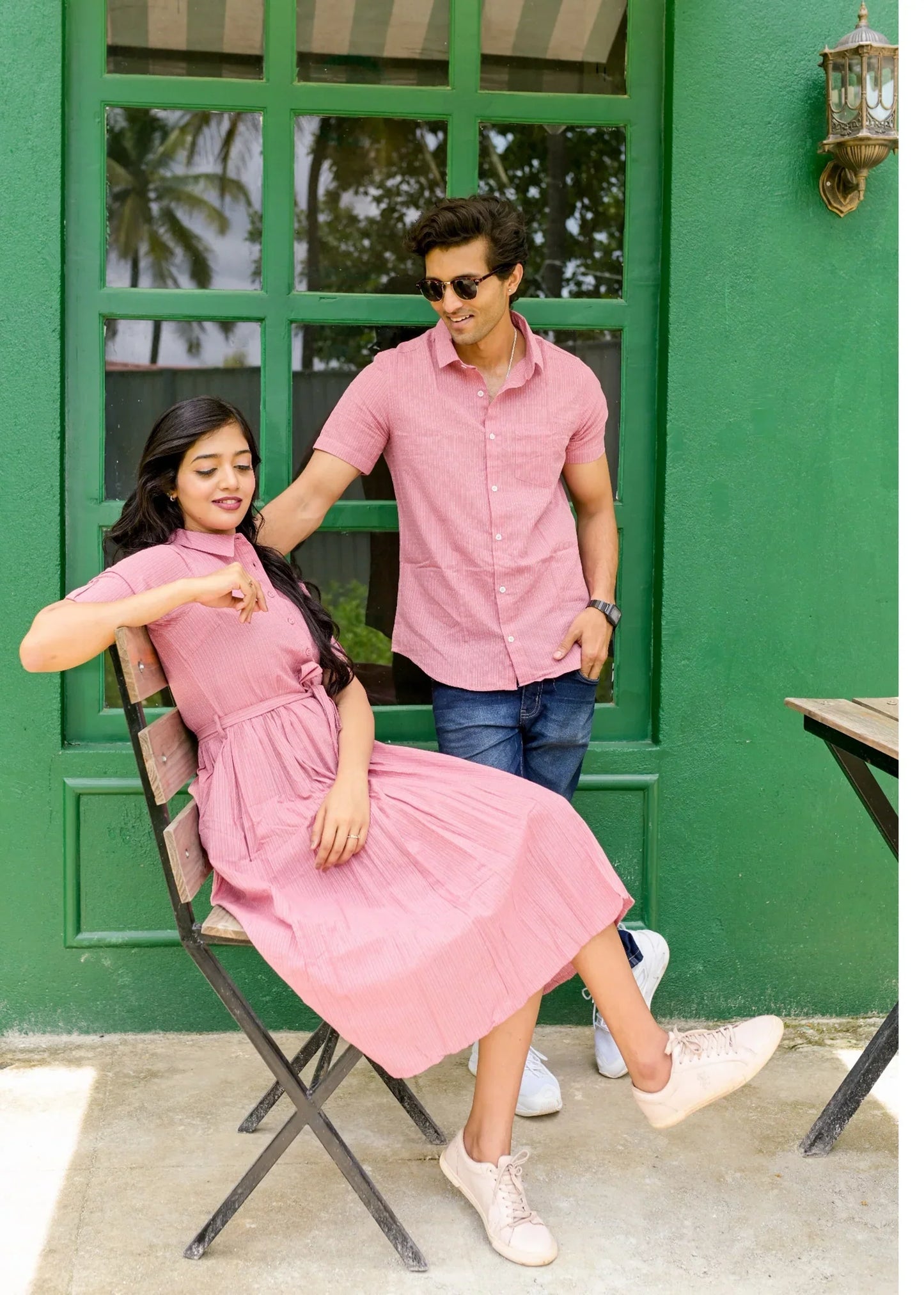 Pink Plain Pattern Couple Matching Shirt and Dress