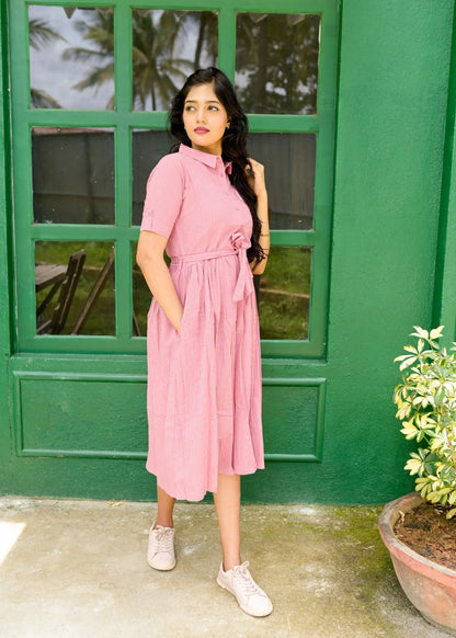 Pink Plain Pattern Couple Matching Shirt and Dress