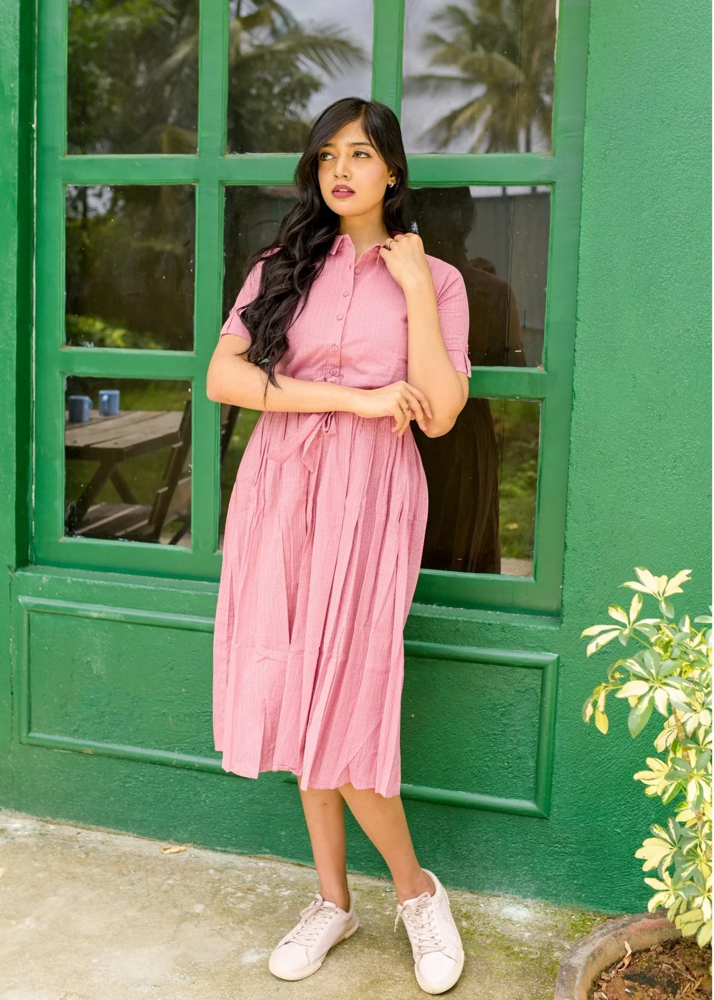 Pink Plain Pattern Couple Matching Shirt and Dress