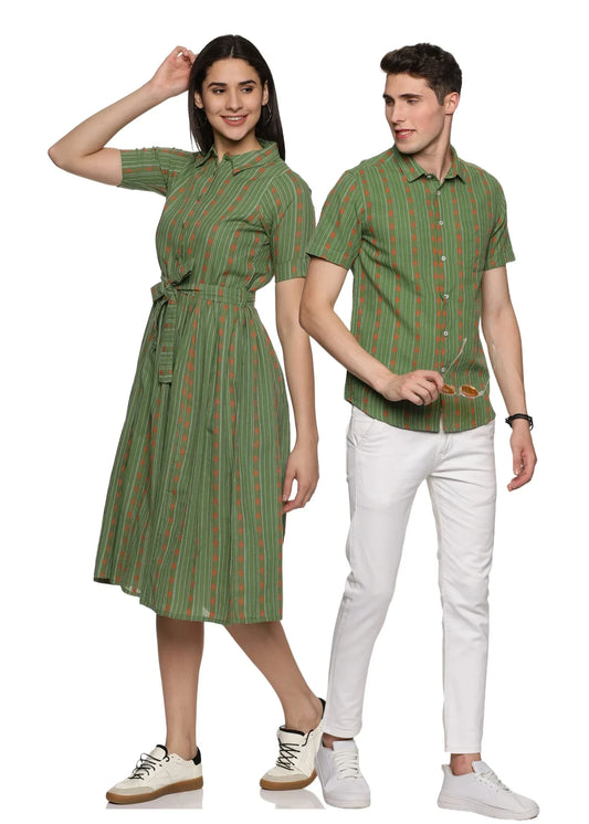 Green Lining Pattern Couple Matching Shirt and Dress