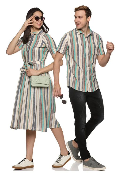 Green Mandala Lining Pattern Couple Matching Shirt and Dress