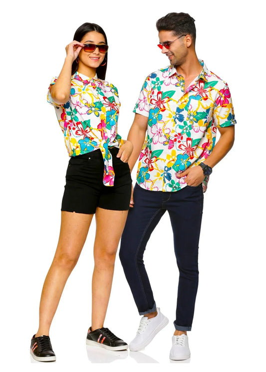 Flower Multicolor Pattern Couple Matching Shirt and Dress