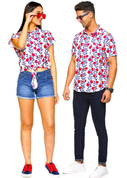 Red Flower Pattern Couple Matching Shirt and Dress