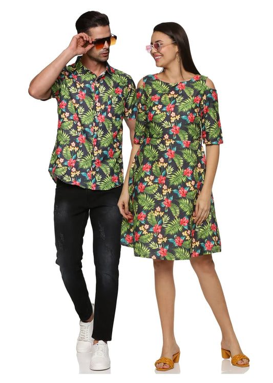 Green Coral Pattern Couple Matching Shirt and Dress