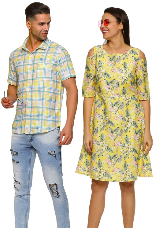 Yellow Coral Pattern Couple Matching Shirt and Dress