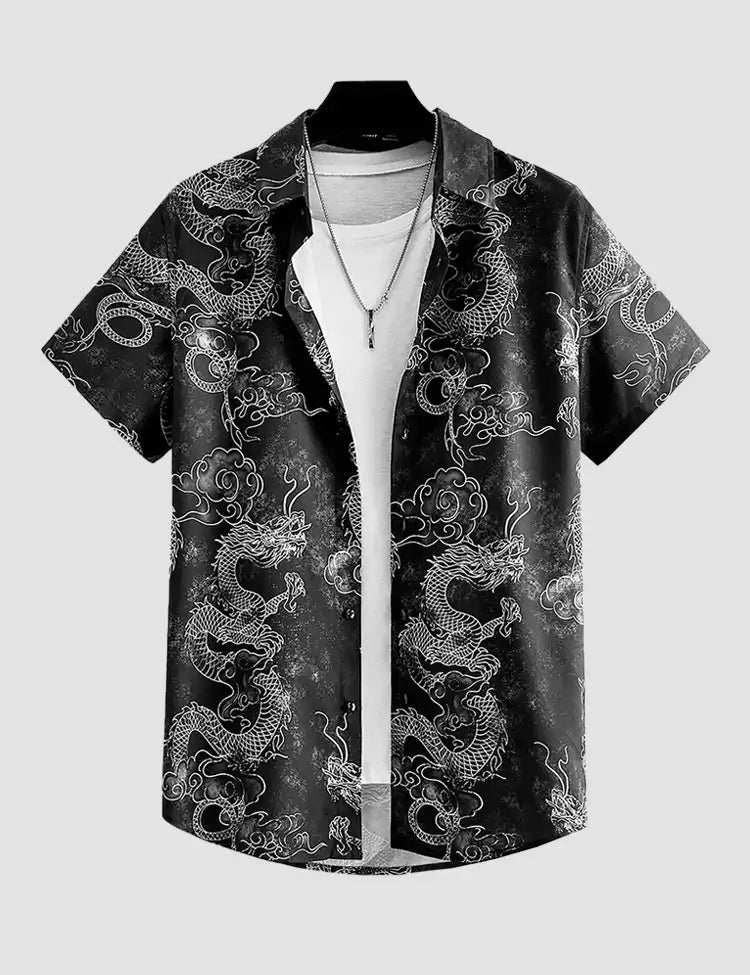 Dragon on Gray Printed Mens Cotton Shirt Half Sleeves