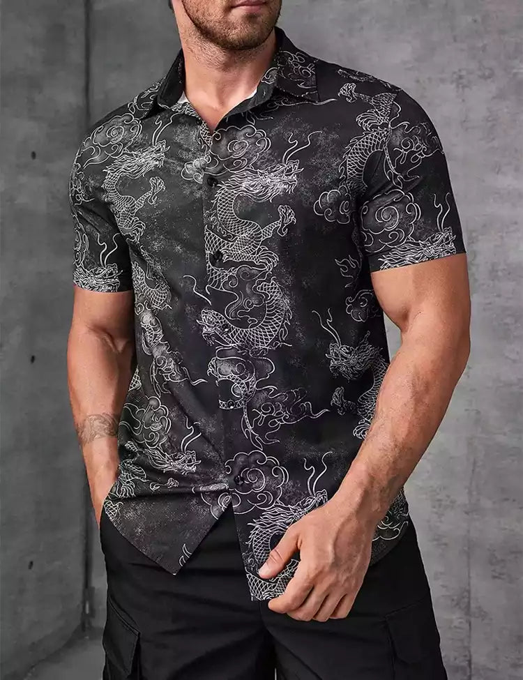 Dragon on Gray Printed Mens Cotton Shirt Half Sleeves