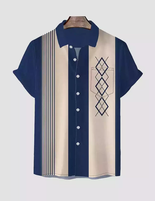 Blue Geometry Strip Printed Mens Cotton Shirt Half Sleeves