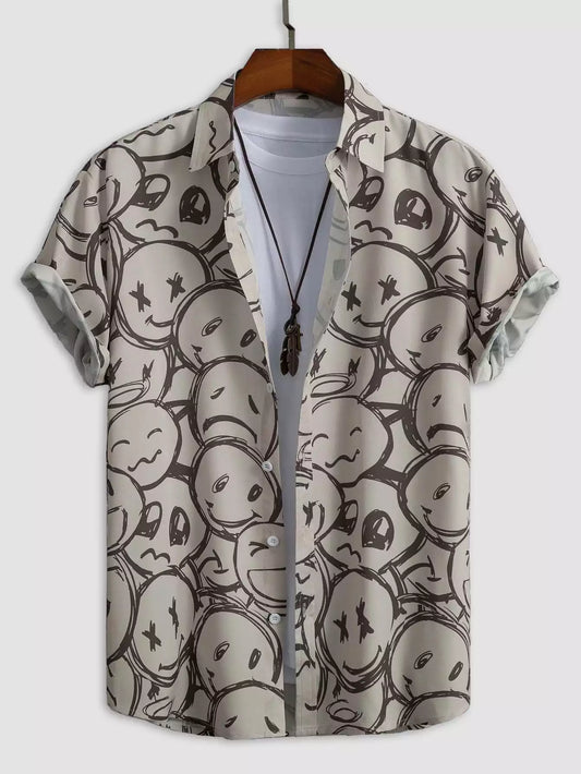 Gray and White Emoji Design Beach and casual Multicolor Printed Shirt Cotton Material Half Sleeves Mens stylian.in