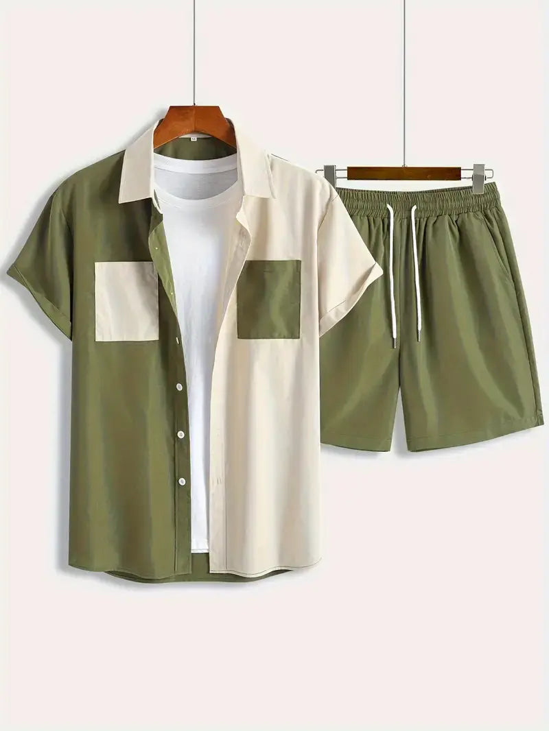 Cream and Green Mix Colored Men's Half Sleeves Cords Cotton Material