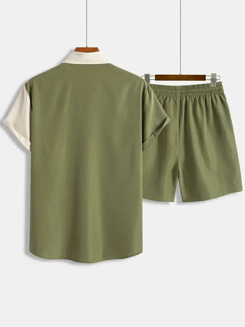 Cream and Green Mix Colored Men's Half Sleeves Cords Cotton Material