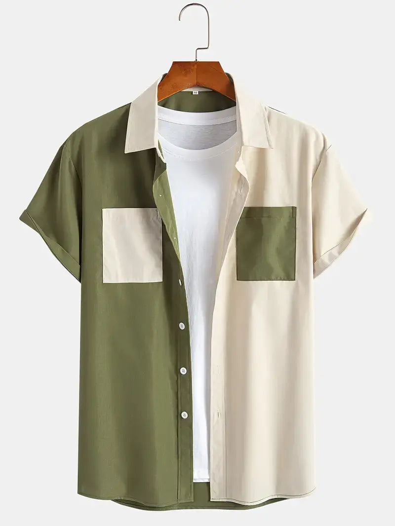 Cream and Green Mix Colored Men's Half Sleeves Cords Cotton Material