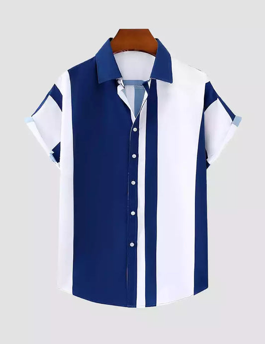 Blue and White Half Patch Printed Mens Cotton Shirt Half Sleeves