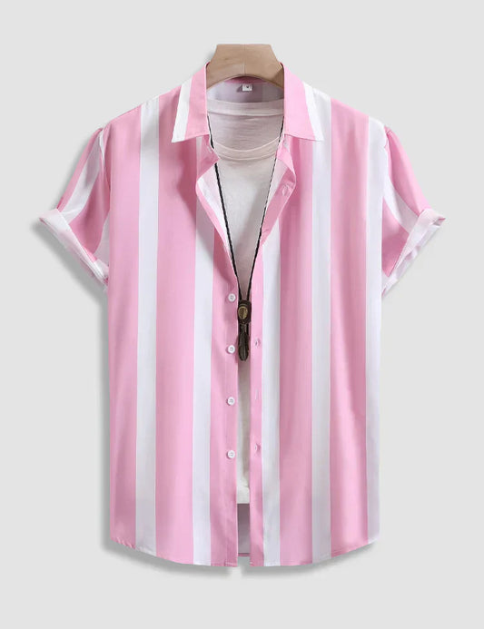 Pink Color Lining Pattern Digital Printed Half Sleeves Cotton Material Mens Shirt