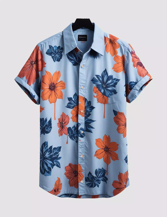 Blue and Orange Hibiscus Printed Men's Half Sleeves Cotton Exclusively Available Luxury Shirt