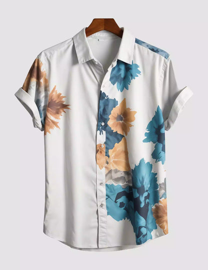 Cream Half Floral Printed Men's Half Sleeves Cotton Exclusively Available Luxury Shirt