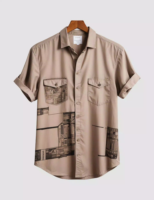 Cream Plain Printed Men's Half Sleeves Cotton Exclusively Available Luxury Shirt