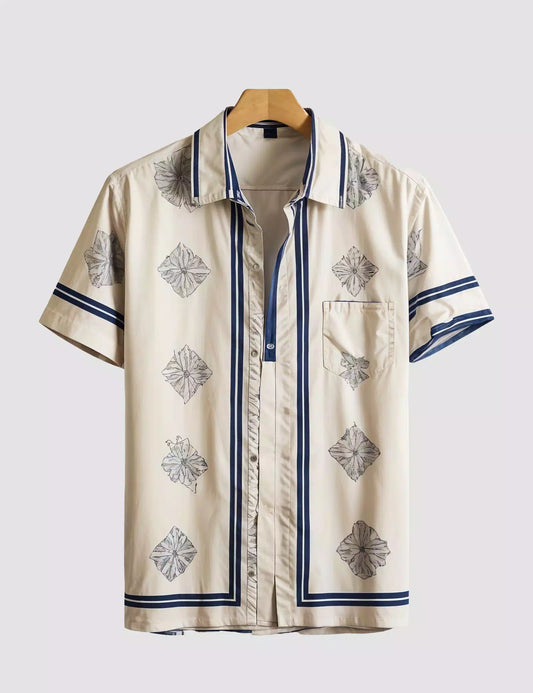 Cream Triangle Printed Men's Half Sleeves Cotton Exclusively Available Luxury Shirt