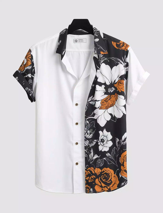 Half Flower on White Printed Men's Half Sleeves Cotton Exclusively Available Luxury Shirt