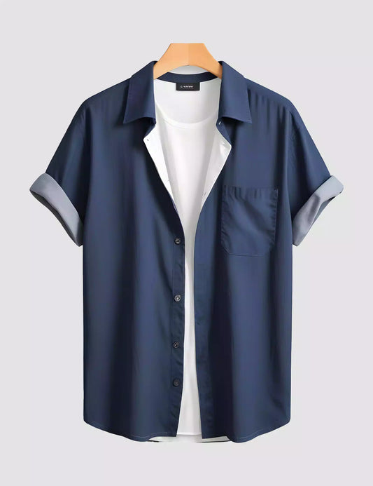 Navy Blue Plain Printed Men's Half Sleeves Cotton Exclusively Available Luxury Shirt