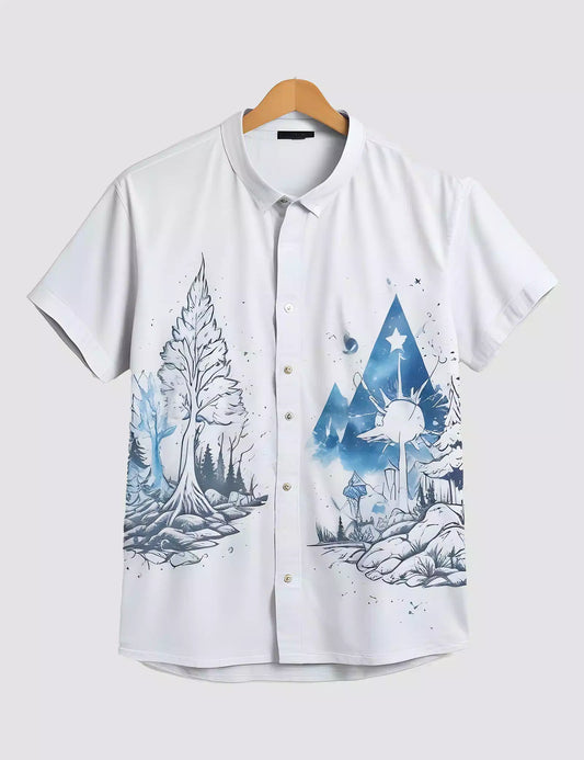 White Magical Printed Men's Half Sleeves Cotton Exclusively Available Luxury Shirt