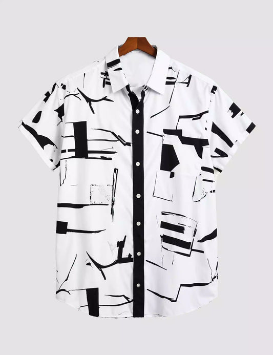 White Black Scratch Printed Men's Half Sleeves Cotton Exclusively Available Luxury Shirt