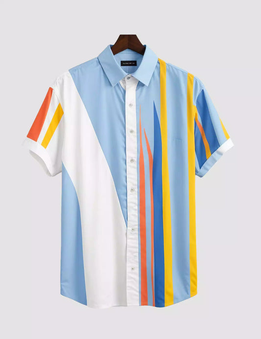 Yellow Blue Patta Printed Men's Half Sleeves Cotton Exclusively Available Luxury Shirt