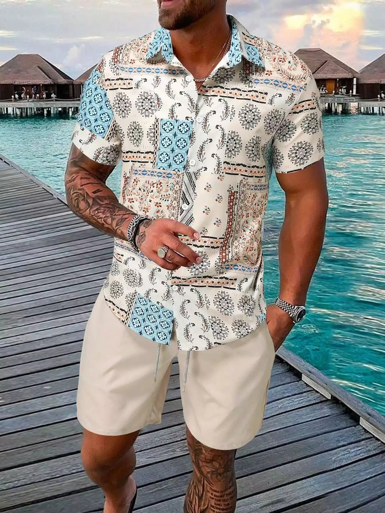 Multicolor Mandala Design Mens Half Sleeves Cords Cotton Material