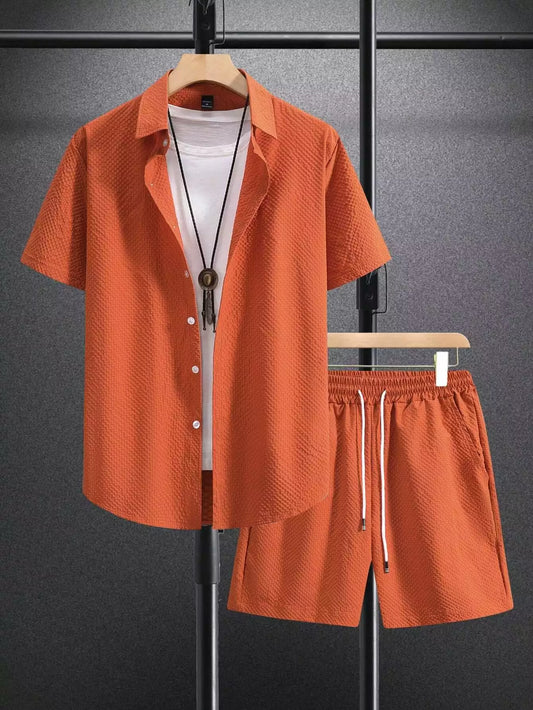 Orange Color Popcorn Design Mens Half Sleeves Cords Cotton Material