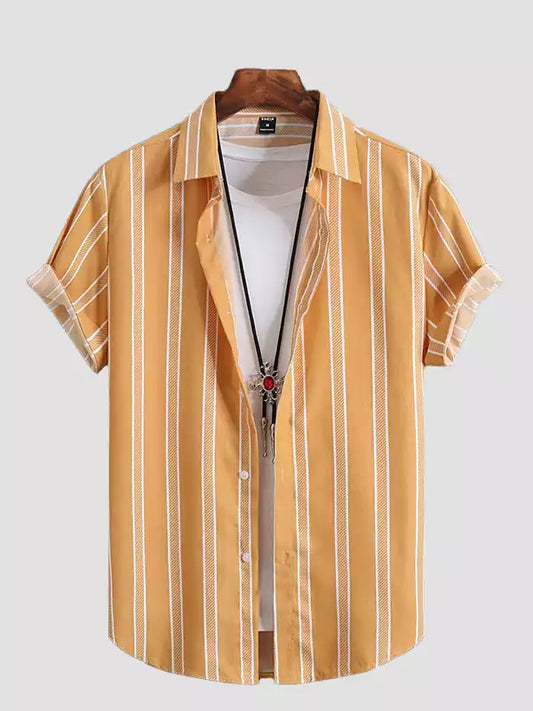 Orange and White Lining Design Beach and casual Multicolor Printed Shirt Cotton Material Half Sleeves Mens