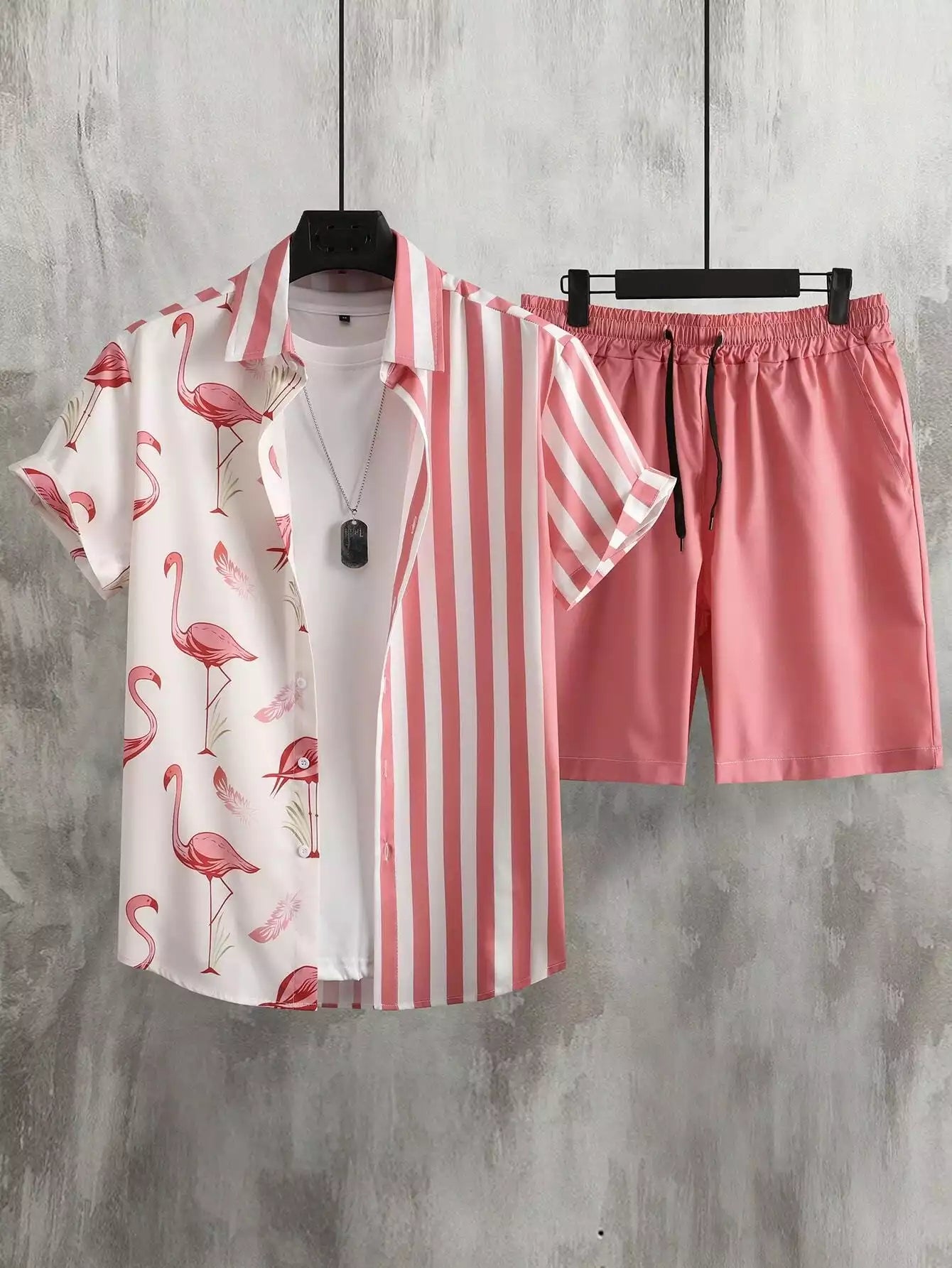 Peach Color Flamingo Design Mens Half Sleeves Cords Cotton Material