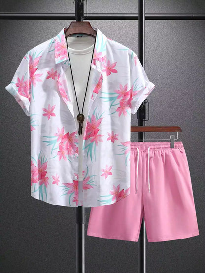 Pink Floral Design Mens Half Sleeves Cords Cotton Material