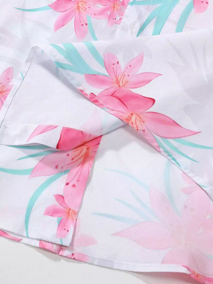 Pink Floral Design Mens Half Sleeves Cords Cotton Material