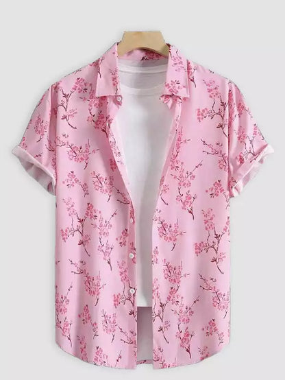 Pink Rose Design Beach and casual Multicolor Printed Shirt Cotton Material Half Sleeves Mens stylian.in